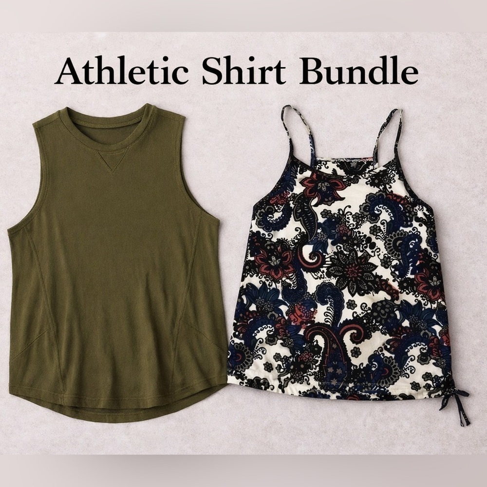 Champion Olive Tank XS + prAna Floral Built-In Bra Top Athleisure Yoga Bundle